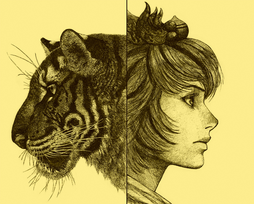 bad_id bad_pixiv_id commentary_request face kobuushi monochrome profile realistic simple_background solo symmetry tiger toramaru_shou touhou