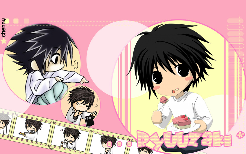 black_hair cake chibi death_note death_note_(object) food l_(death_note) male_focus squatting