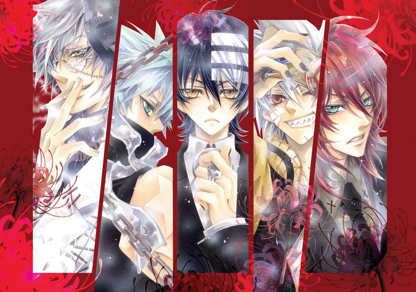 aqua_eyes black_star column_lineup death_scythe_(spirit) death_the_kid dr_franken_stein flower glasses lee_sun_young male_focus multiple_boys red_eyes red_hair silver_hair smoking soul_eater soul_eater_(character) spider_lily yellow_eyes