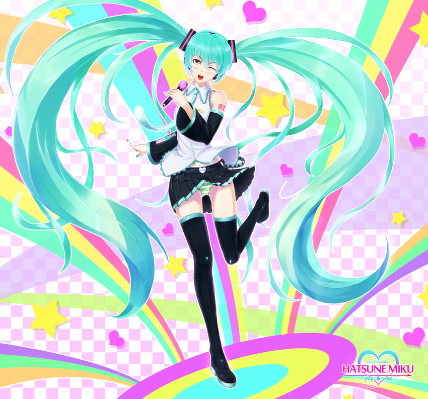 aqua_eyes aqua_hair aqua_nails bad_id bad_pixiv_id detached_sleeves hatsune_miku headset highres kazeno legs long_hair microphone nail_polish necktie one_eye_closed panties skirt solo striped striped_panties thighhighs twintails underwear very_long_hair vocaloid