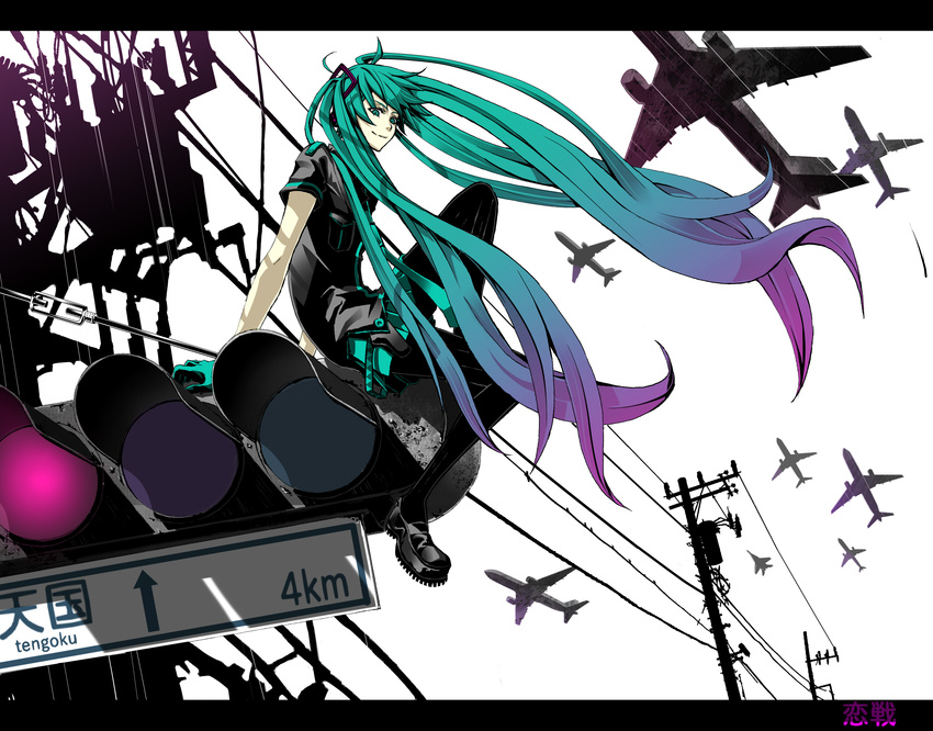 absurdres aircraft airplane green_eyes green_hair hatsune_miku highres koi_wa_sensou_(vocaloid) long_hair md5_mismatch pantyhose power_lines sitting smile solo traffic_light twintails velzhe very_long_hair vocaloid