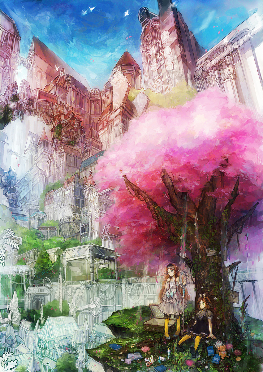 architecture bird cherry_blossoms highres key multiple_girls neyagi original pointy_ears scenery tree