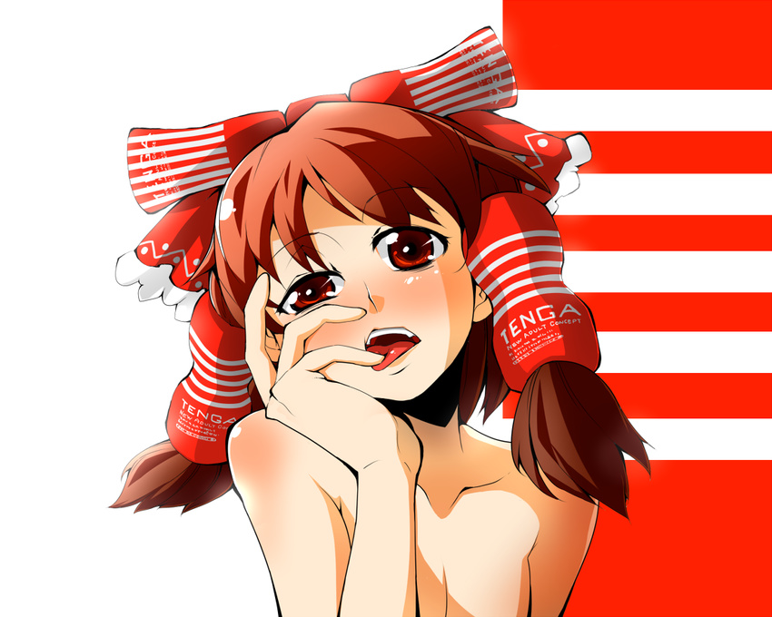 artificial_vagina bad_id bad_pixiv_id bare_shoulders blush bow brown_hair collarbone face finger_in_mouth hair_bow hakurei_reimu hands hokuto_(scichil) parody red_eyes short_hair solo tenga tongue touhou