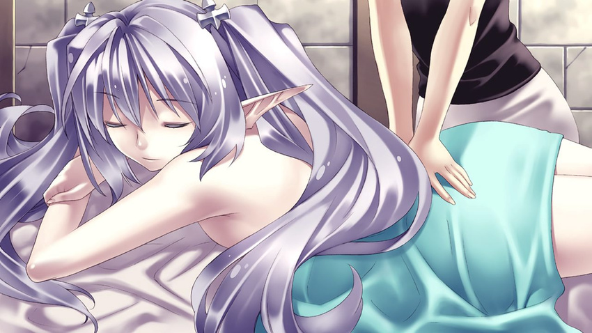 agarest_senki agarest_senki_(series) closed_eyes elf fyuria_(agarest_senki) game_cg hirano_katsuyuki long_hair massage pale_skin pointy_ears silver_hair solo_focus twintails