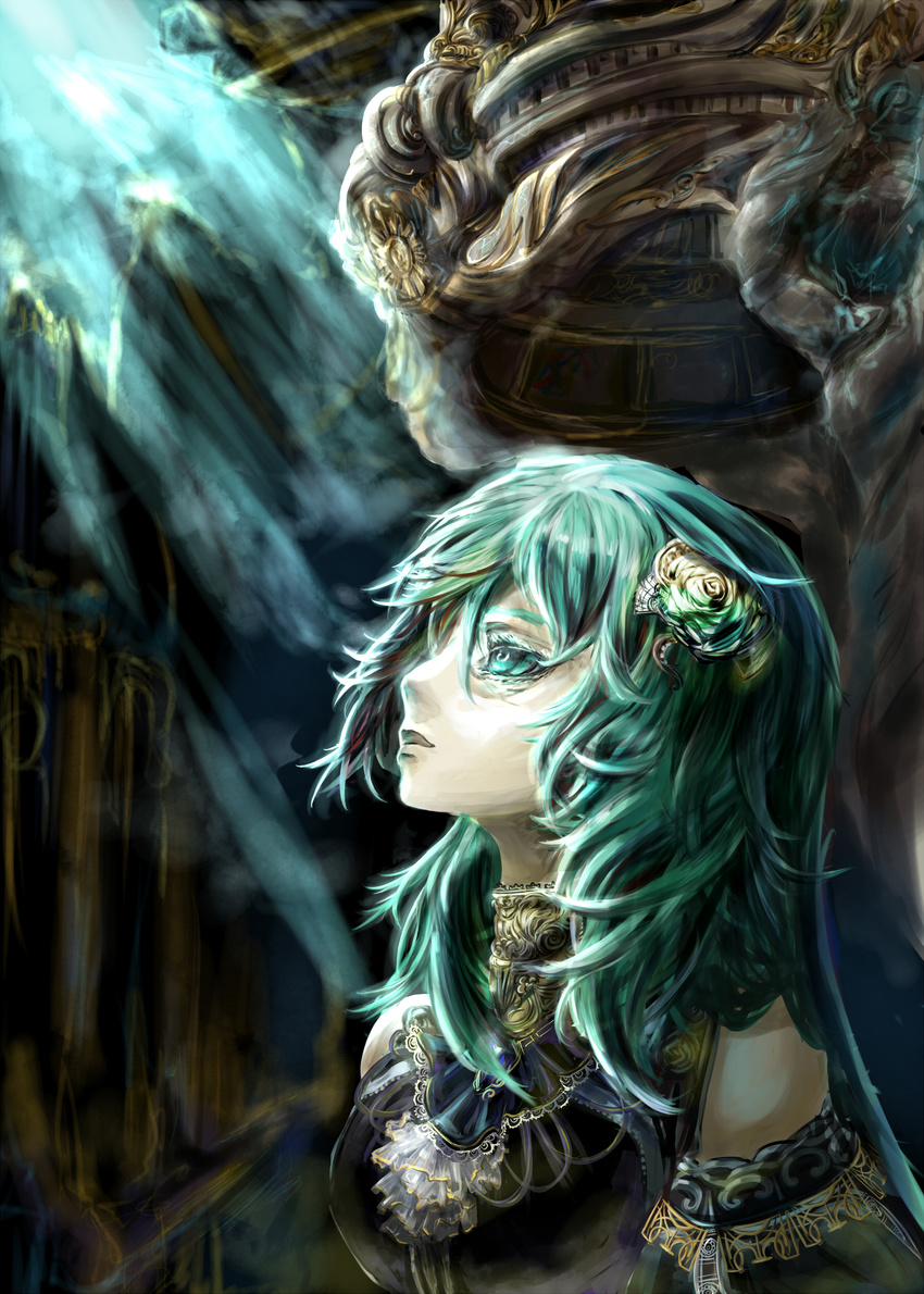 absurdres antiquewhite castlevania crossover detached_sleeves flower frills green_hair hatsune_miku highres rose vocaloid