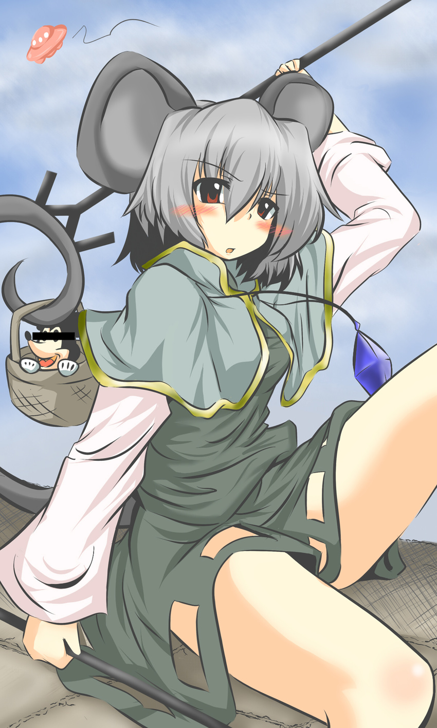 animal_ears bad_id bad_pixiv_id basket blush capelet censored disney dowsing_rod goma_(gomasamune) grey_hair highres identity_censor jewelry mickey_mouse mouse mouse_ears mouse_tail nazrin pendant red_eyes short_hair sitting solo tail thighs touhou ufo