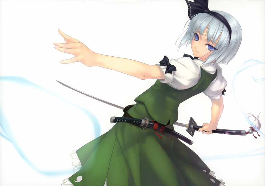 absurdres arched_back black_hairband blue_eyes bob_cut bow bowtie foreshortening hairband hands highres konpaku_youmu konpaku_youmu_(ghost) md5_mismatch outstretched_arm outstretched_hand rokuwata_tomoe scan sheath sheathed silver_hair solo sword touhou weapon