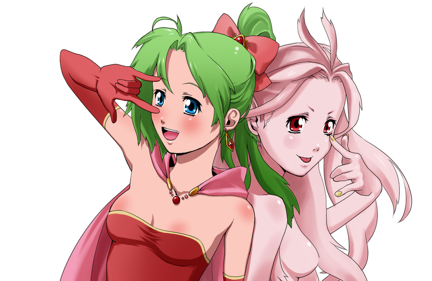 blue_eyes blush body_blush cape earrings female final_fantasy final_fantasy_vi gloves green_hair jewelry long_hair open_mouth pink_hair pink_skin ponytail red_eyes red_ribbon ribbon sarapowa tina_branford trance_tina_branford