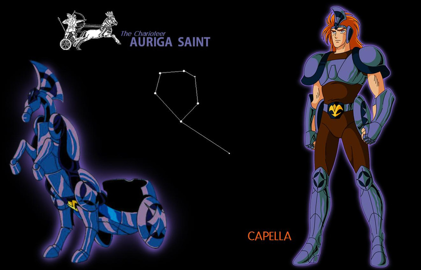 armor auriga_capella chariot charioteer cloth constellation greek horse knights_of_the_zodiac male male_focus mythology orange_hair roman saint_seiya scales shield shields