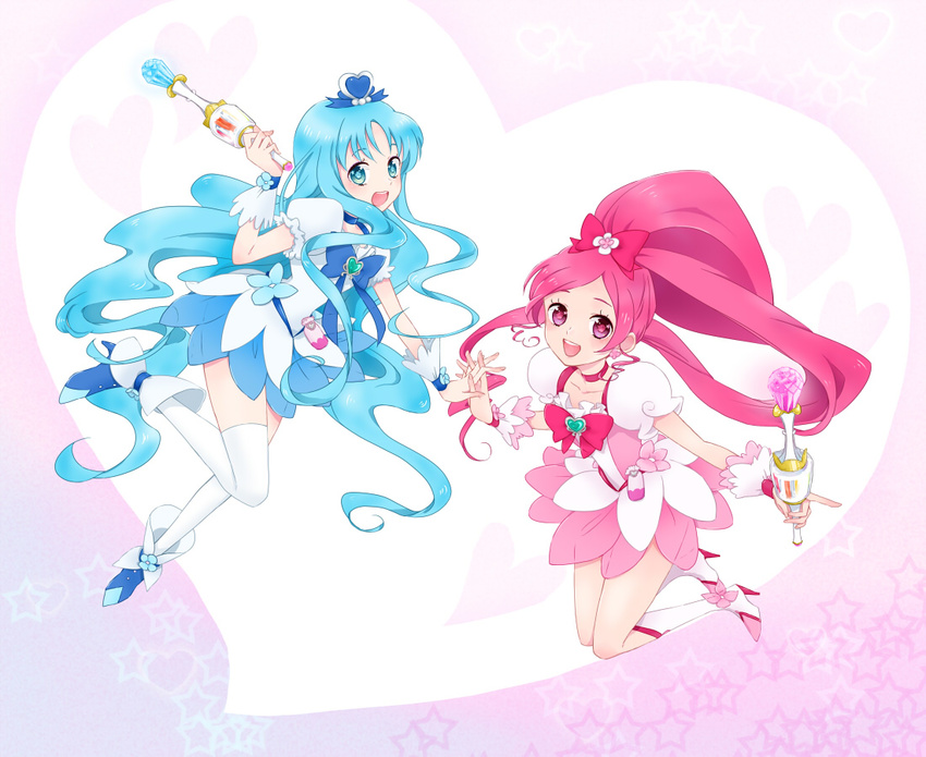 bad_id bad_pixiv_id blue_choker blue_eyes blue_hair blue_skirt boots bow choker cure_blossom cure_marine flower_tact hanasaki_tsubomi heart heartcatch_precure! holding_hands knee_boots kurumi_erika magical_girl multiple_girls omari pink_bow pink_choker pink_eyes pink_hair precure skirt thighhighs wand