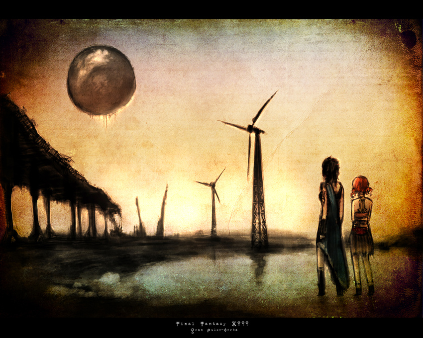 black_hair final_fantasy final_fantasy_xiii multiple_girls oerba_dia_vanille oerba_yun_fang orange_hair scenery somnium wallpaper wind_turbine windmill