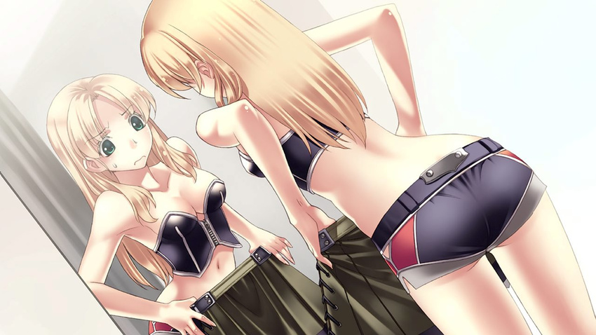 agarest_senki agarest_senki_(series) blonde_hair bustier clothes_in_front green_eyes hirano_katsuyuki holding_skirt lingerie long_hair luana_(agarest_senki) mirror official_art reflection short_shorts shorts skirt skirt_removed solo underwear underwear_only wavy_mouth