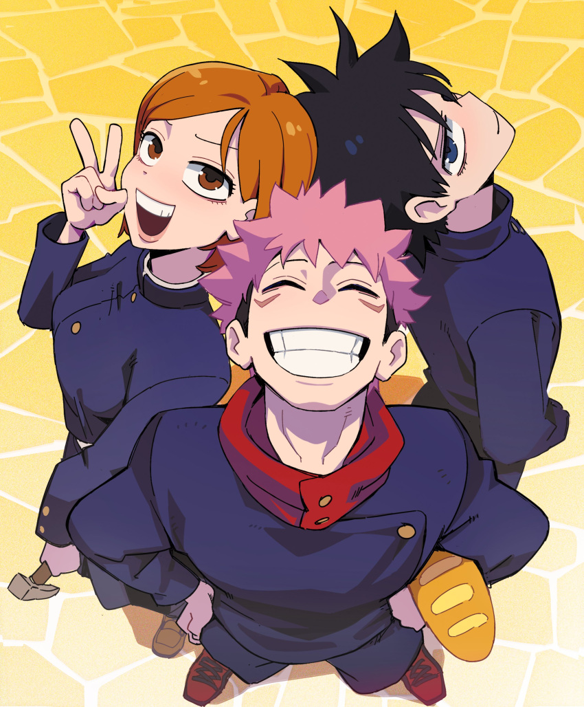 1girl 2boys ^_^ absurdres aisendraw black_hair blue_eyes bread brown_eyes brown_hair clenched_teeth closed_eyes commentary facial_mark food from_above fushiguro_megumi hammer highres holding holding_food holding_hammer itadori_yuuji jujutsu_kaisen jujutsu_tech_uniform kugisaki_nobara looking_at_viewer multiple_boys pink_hair smile spiked_hair swept_bangs teeth undercut v