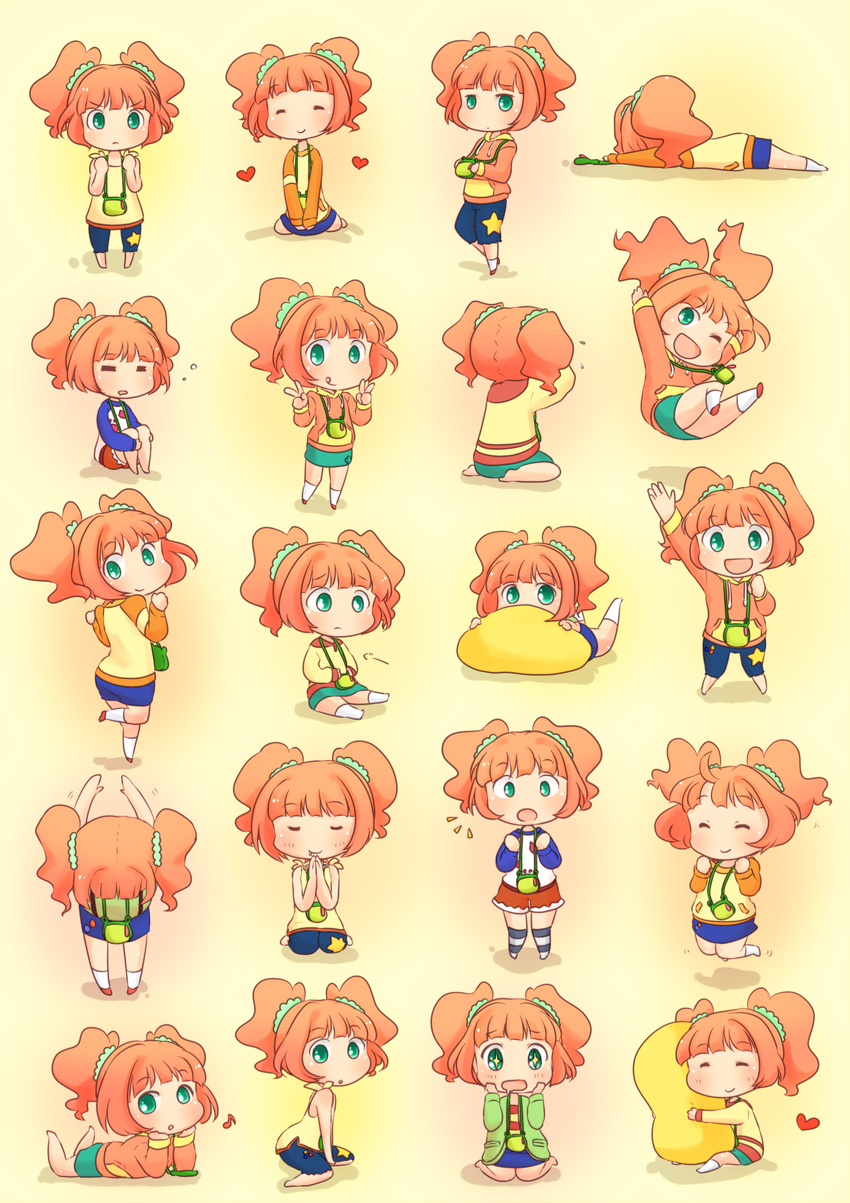 1girl :d :o :q ;d =_= absurdres arms_up bowing character_sheet chibi double_v ganbaru_pose green_eyes hands_together heart highres hungry idolmaster idolmaster_(classic) jumping leg_hug lying maiko_(yoshida308) on_stomach one_eye_closed open_mouth orange_hair own_hands_together pillow pillow_hug skirt smile stomach_growling takatsuki_yayoi tongue tongue_out twintails v