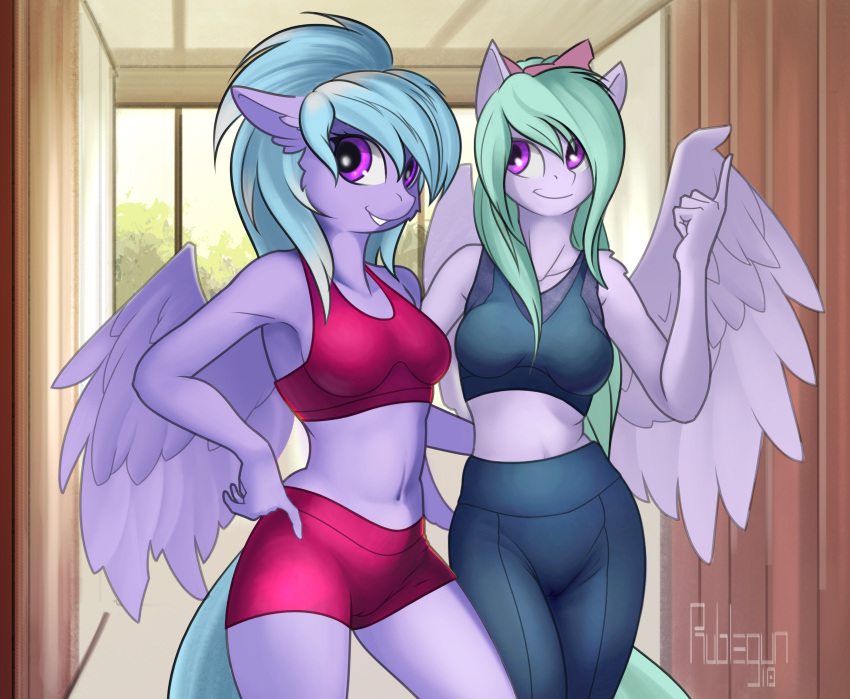 2018 anthro breasts clothed clothing cloud_chaser_(mlp) detailed_background digital_media_(artwork) duo equine female flitter_(mlp) friendship_is_magic green_hair hair mammal my_little_pony pegasus rublegun smile standing wings