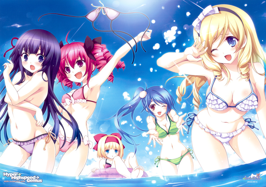 ;d armpits assisted_exposure barefoot bikini bikini_top_removed blush bow breasts cleavage clothes_theft covering covering_breasts drill_hair fang front-tie_top hair_bow highres hyper_highspeed_genius innertube iris_windsor koumyouji_yumeko large_breasts multiple_girls navel ocean one_eye_closed open_mouth patricia_lancaster ponytail ribbon sakura_windsor shiguresato_himeno side-tie_bikini smile splashing swimsuit swimsuit_theft theft topless twintails wading water wet yukiwo