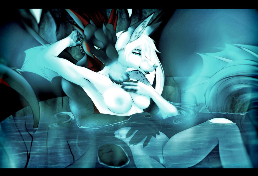 bathing bioluminescence black_scales blue_nipples breasts canine couple dragon duo female fox from_behind glowing hair half-closed_eyes horn hybrid interspecies long_hair love male mammal mere_fox nipples nude pussy rafflone romantic sex straight water