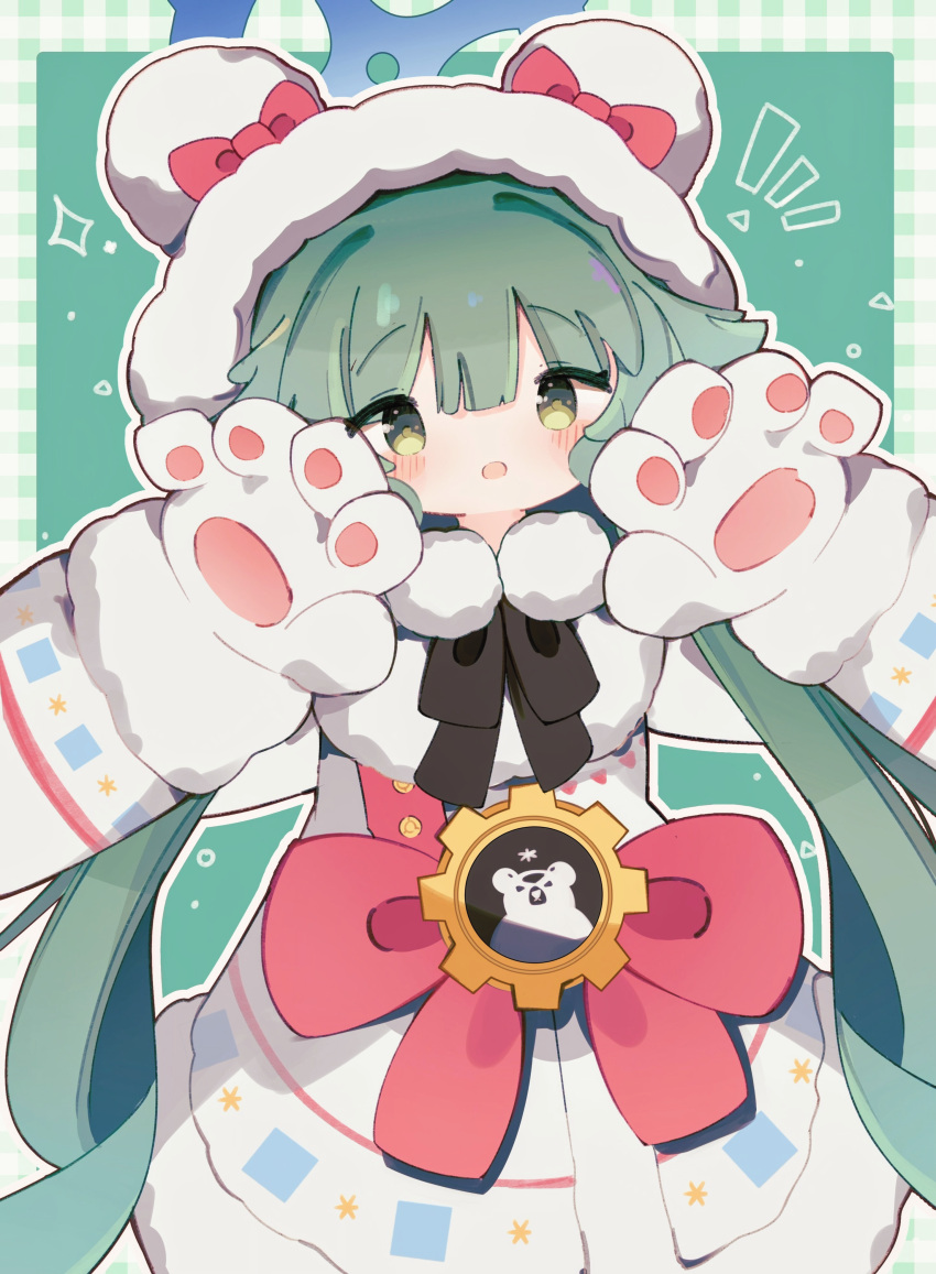 1girl absurdres animal_hood bear_hood blue_archive blue_halo blush coat coat_dress dress fur-trimmed_coat fur-trimmed_hood fur_trim gloves green_eyes green_hair halo highres hood hood_up hooded_coat long_hair looking_at_viewer momiji_(blue_archive) open_mouth prefect_team_(blue_archive) simple_background solo user_wyxr8822 white_gloves