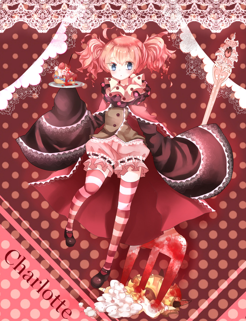 bad_id bad_pixiv_id blood bloomers blue_eyes bow cake cape character_doll character_name charlotte_(madoka_magica) decapitation doily food fork frills fruit highres lace_border magical_girl mahou_shoujo_madoka_magica mami_mogu_mogu mary_janes personification pink_hair plate pleated_skirt rooseputo_02 shoes short_twintails skirt sleeves_past_wrists solo strawberry striped striped_legwear stuffing thighhighs tomoe_mami twintails underwear zettai_ryouiki