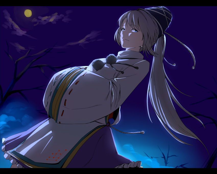 aritoki_ritsu bare_tree blue_eyes dutch_angle face full_moon hands_in_opposite_sleeves hat japanese_clothes kariginu letterboxed long_hair mononobe_no_futo moon night ponytail silver_hair skirt sky solo tate_eboshi touhou tree wide_sleeves