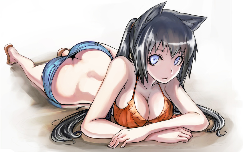 animal_ears bad_id bad_pixiv_id bare_legs bare_shoulders bikini_top black_hair blue_eyes breasts butt_crack cat_ears cleavage collarbone denim denim_shorts face halterneck highres large_breasts long_hair looking_at_viewer lying on_stomach original sandals shorts smile solo tea_(nakenashi) wallpaper