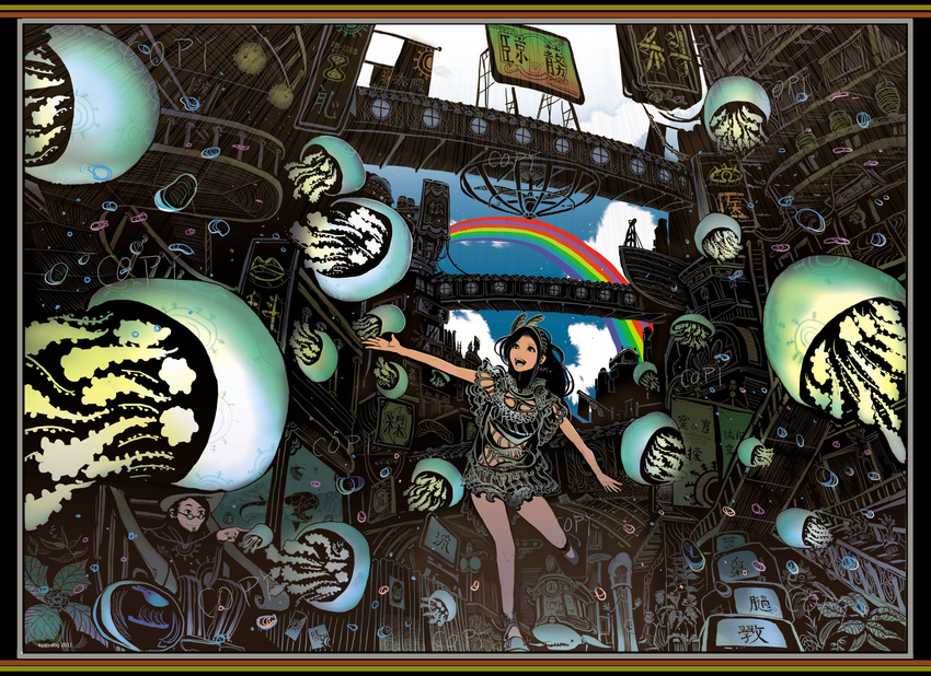 1girl black_hair bridge bubble cloud fence flag glasses highres jellyfish kyan-dog long_hair original plant rainbow sign sky solo_focus stairs