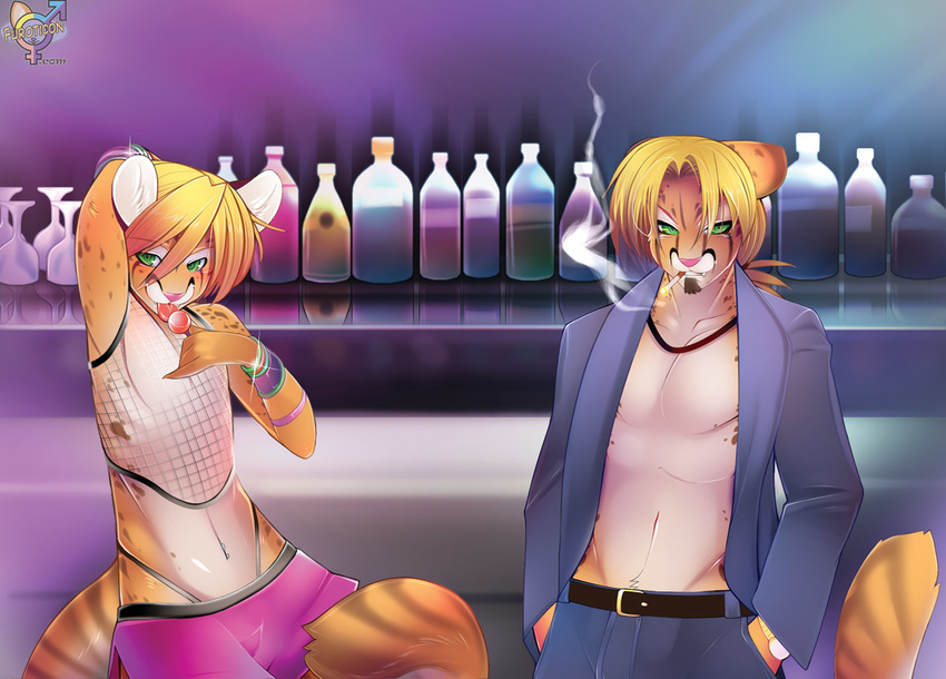 alcohol anthro bar belt beverage blush bracelet candy cigarette clothed clothing crossdressing duo feline fishnet fishnet_shirt furoticon girly green_eyes jacket jewelry lollipop looking_at_viewer male mammal mesh_shirt navel_piercing piercing skimpy smoking tsampikos watch