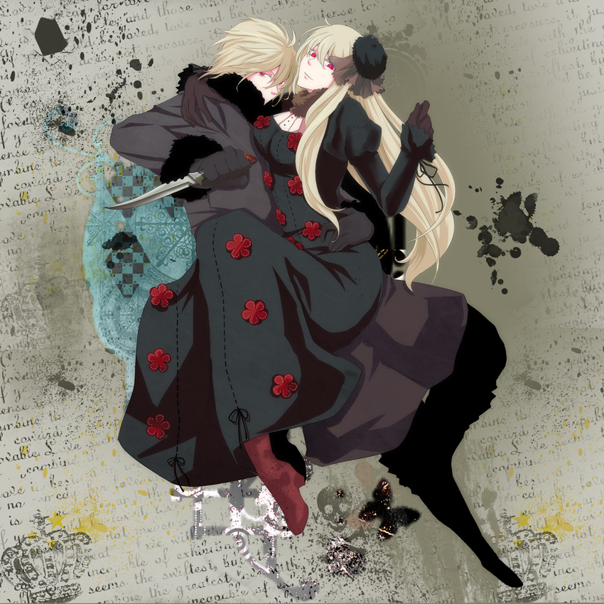 1girl axis_powers_hetalia belarus_(hetalia) blonde_hair boots breasts brother_and_sister bug butterfly coat dress fur genderswap genderswap_(ftm) genderswap_(mtf) gloves hat highres insect knife large_breasts long_hair nataliemasiya red_eyes russia_(hetalia) siblings smile taut_clothes