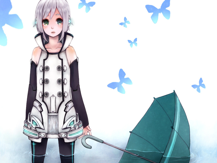 androgynous black_legwear bug butterfly coat detached_sleeves earphones green_eyes grey_hair insect male_focus open_mouth pantyhose petarou solo tears umbrella utatane_piko vocaloid water white_background white_hair