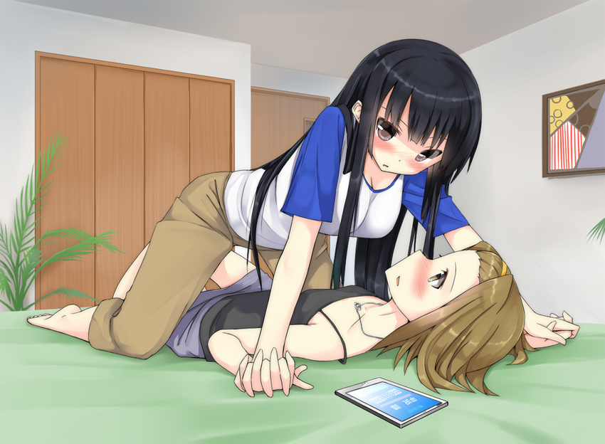 akiyama_mio bad_id bad_pixiv_id black_hair blush brown_hair holding_hands k-on! long_hair lying masamuuu multiple_girls straddling tainaka_ritsu yuri