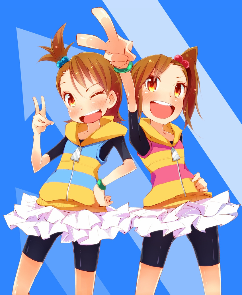 bike_shorts brown_eyes brown_hair futami_ami futami_mami hato_haru highres idolmaster idolmaster_(classic) multiple_girls one_eye_closed siblings sisters twins v