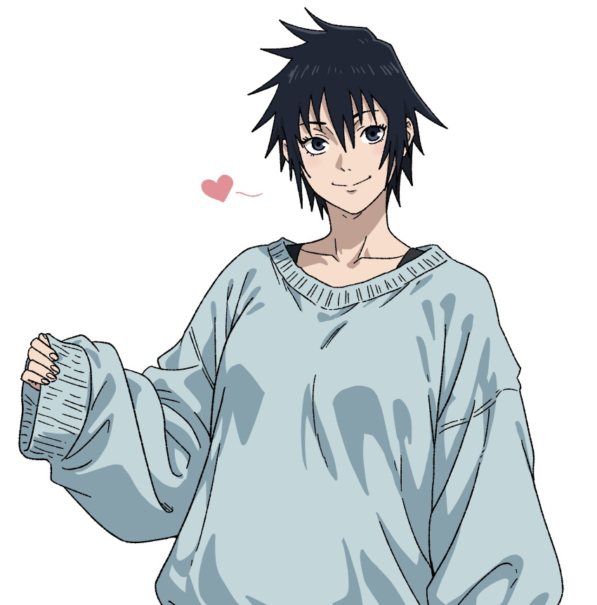 1girl breasts collarbone heart highres jujutsu_kaisen medium_breasts megumi's_mother_(jujutsu_kaisen) oversized_sweater short_hair simple_background solo spiked_hair sweater v0idzenin white_background white_sweater wide_sleeves