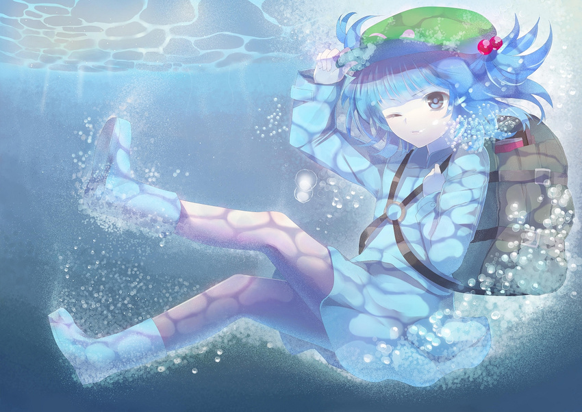 backpack bad_id bad_pixiv_id bag blue_eyes blue_hair boots bubble caustics chirosuke hair_bobbles hair_ornament hand_on_headwear hat kawashiro_nitori one_eye_closed shirt skirt solo touhou two_side_up underwater