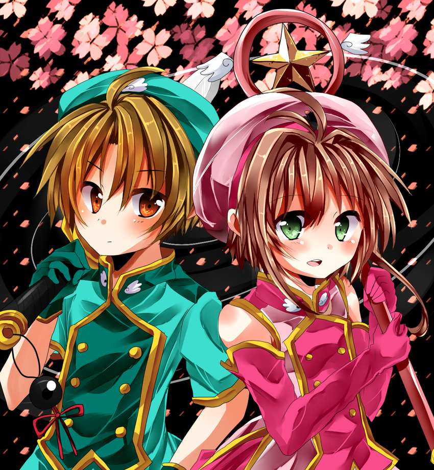 1girl back-to-back brown_eyes brown_hair cardcaptor_sakura gloves green_eyes green_gloves hat highres hoshi_no_tsue kinomoto_sakura li_xiaolang magical_girl nami_z pink_gloves pink_hat short_hair sword wand weapon