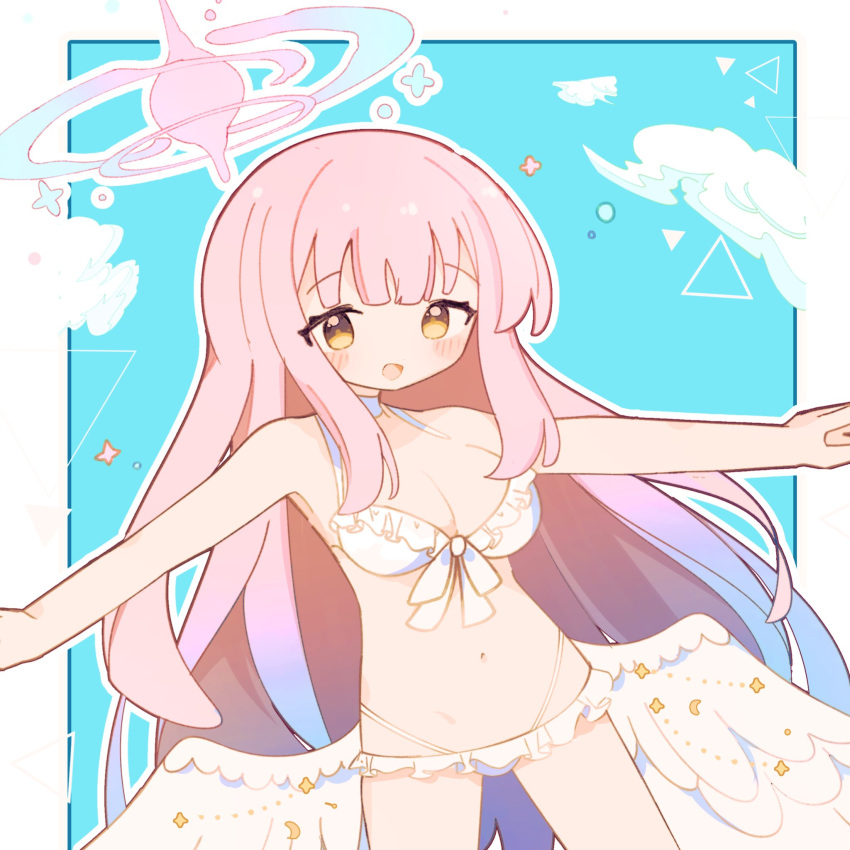 1girl bikini blue_archive blush breasts choker cross_halo feathered_wings frilled_bikini frills gradient_halo halo highres large_breasts long_hair looking_at_viewer low_wings mika_(blue_archive) mika_(swimsuit)_(blue_archive) multicolored_halo official_alternate_costume pink_hair pink_halo solo swimsuit user_wyxr8822 white_bikini white_choker white_wings wings yellow_eyes yellow_visor