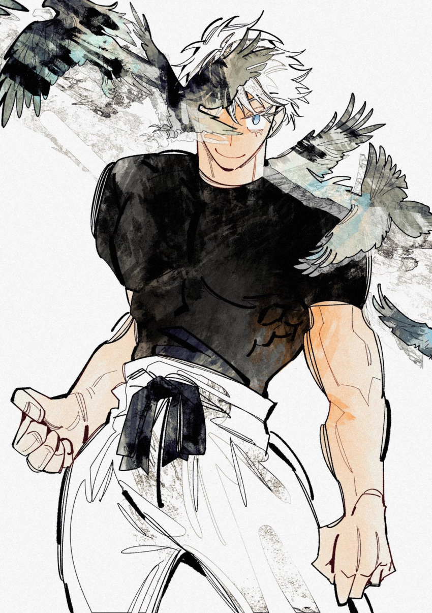 308albi bird bird_in_front_of_eye black_shirt blue_eyes cowboy_shot eyelashes gojou_satoru highres jujutsu_kaisen muscular muscular_male one_eye_covered pants shirt short_hair short_sleeves smile t-shirt white_background white_hair white_pants