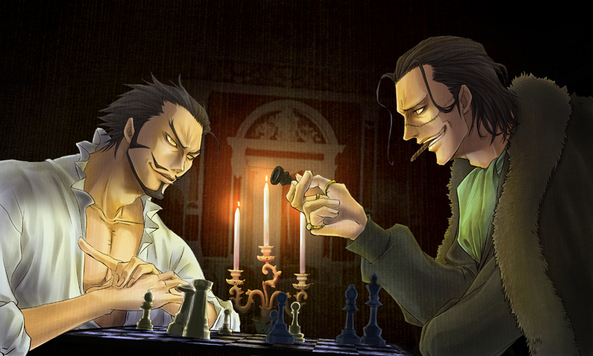 bad_id bad_pixiv_id black_hair board_game candle chess cigar cravat dracule_mihawk formal fur_coat jewelry long_sleeves male_focus multiple_boys one_piece scar shichibukai sir_crocodile smile smoking white_eyes yellow_eyes zerochan