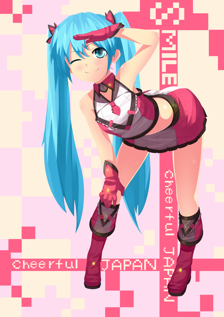 absurdres alternate_costume aqua_eyes aqua_hair bad_id bad_pixiv_id bent_over blush boots detached_collar gloves hatsune_miku highres long_hair midriff one_eye_closed onsen_nakaya skirt smile solo standing tank_top twintails very_long_hair vocaloid