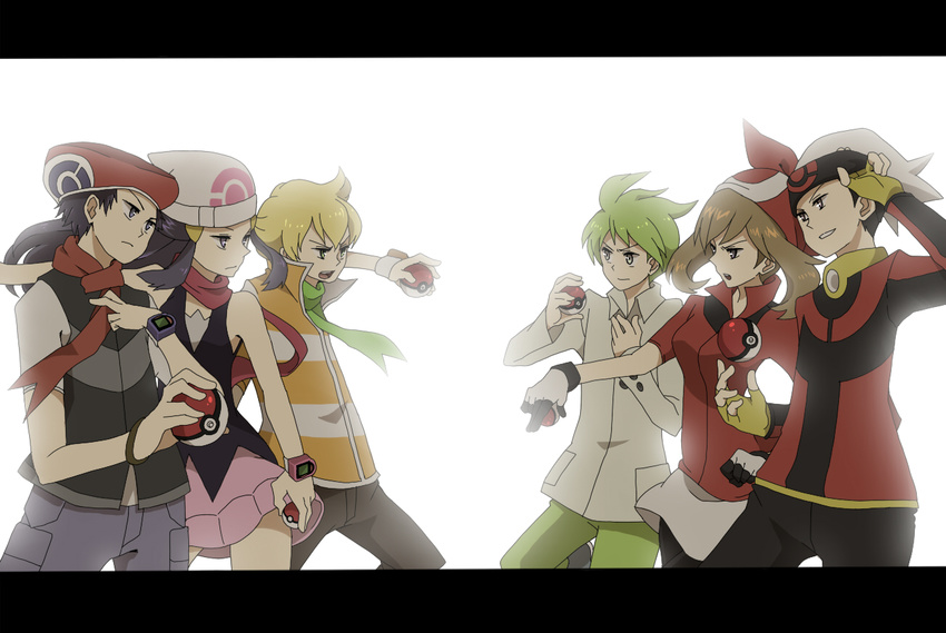 4boys bandana beanie black_hair brown_hair fingerless_gloves gloves green_hair grin hair_ornament hairclip haruka_(pokemon) hat hikari_(pokemon) holding holding_poke_ball jun_(pokemon) kouki_(pokemon) letterboxed mitsuru_(pokemon) multiple_boys multiple_girls poke_ball pokemon pokemon_(game) pokemon_dppt pokemon_rse poketch scarf sei_(shinkai_parallel) simple_background skirt smile watch wristband wristwatch yuuki_(pokemon)