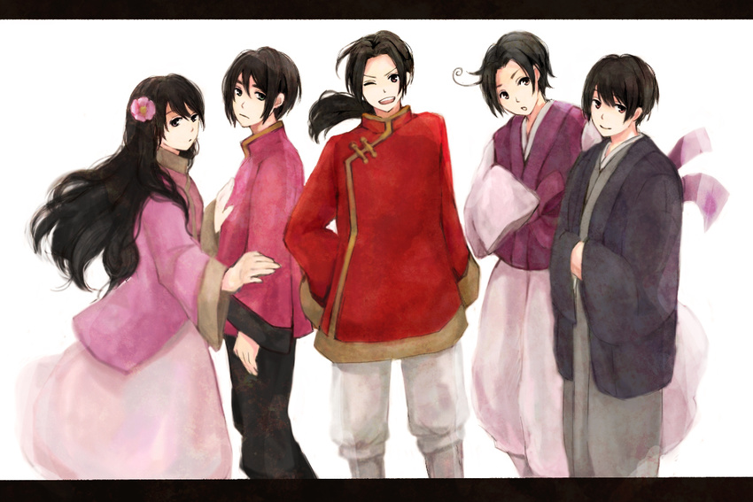 ahoge axis_powers_hetalia brown_hair china_(hetalia) flower hair_flower hair_ornament hong_kong_(hetalia hong_kong_(hetalia) japan_(hetalia) long_hair short_hair south_korea_(hetalia) taiwan_(hetalia)