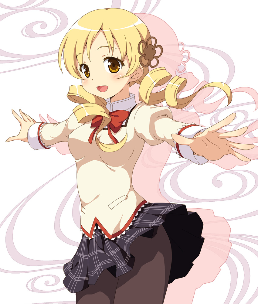 blonde_hair drill_hair highres mahou_shoujo_madoka_magica outstretched_arms pantyhose school_uniform skirt smile solo spread_arms tomoe_mami twin_drills twintails yamasan