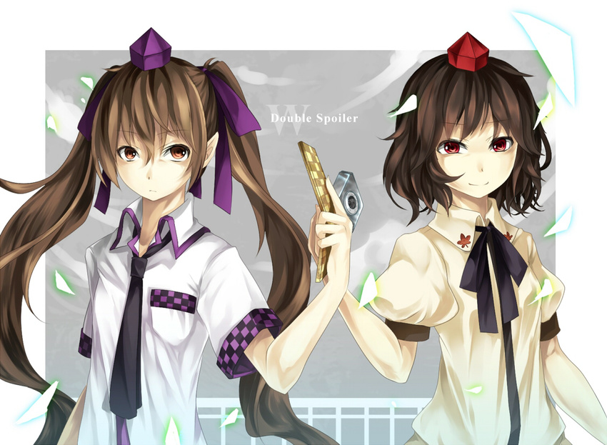 arm_up bad_id bad_pixiv_id brown_eyes brown_hair camera cellphone copyright_name double_spoiler hair_ribbon hat himekaidou_hatate long_hair multiple_girls necktie phone pointy_ears red_eyes ribbon shameimaru_aya shirt short_hair silentdin smile touhou twintails