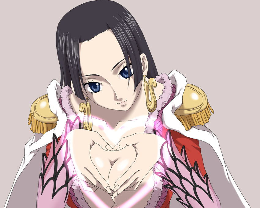 amazon black_hair blue_eyes boa_hancock breasts cape cleavage earrings epaulettes heart heart_hands jewelry large_breasts long_hair one_piece pitecube simple_background smile solo