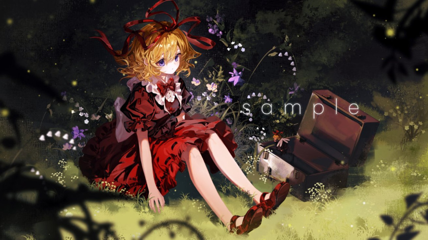 1girl blonde_hair blue_eyes blush bow box bubble_skirt dappled_sunlight doll dress flower frilled_dress frills full_body grass hair_ribbon lily_of_the_valley medicine_melancholy nature outdoors phantasmagoria_of_flower_view plant red_skirt ribbon ribbon-trimmed_shirt ribbon_trim ringo_no_usagi scenery shirt sitting skirt solo sunlight touhou