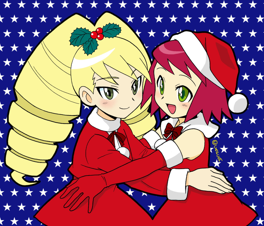 2girls absurdres asayanen bangs blonde_hair blush bow christmas closed_mouth drill_hair elbow_gloves gloves green_eyes hair_ornament hat hibiki_misora highres holly holly_hair_ornament long_hair multiple_girls open_mouth purple_hair red_bow red_gloves rockman ryuusei_no_rockman santa_costume santa_dress santa_gloves santa_hat shirogane_luna short_hair smile star starry_background tareme tsurime twintails