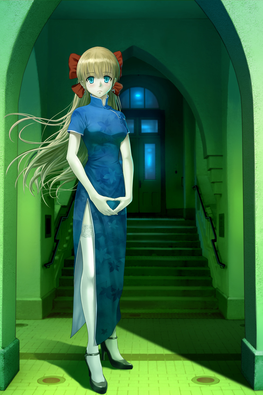 absurdres blonde_hair blue_eyes blush bow character_request china_dress chinese_clothes door dress earrings hair_bow high_heels highres jewelry kaze_no_stigma leaf leaf_print long_hair long_legs maple_leaf misakamitoko0903 shadow shoes side_slit solo stairs standing thighhighs white_legwear window