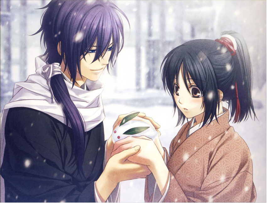 couple hakuouki_shinsengumi_kitan kazuki_yone long_hair ponytail saitou_hajime snow tagme yukimura_chizuru