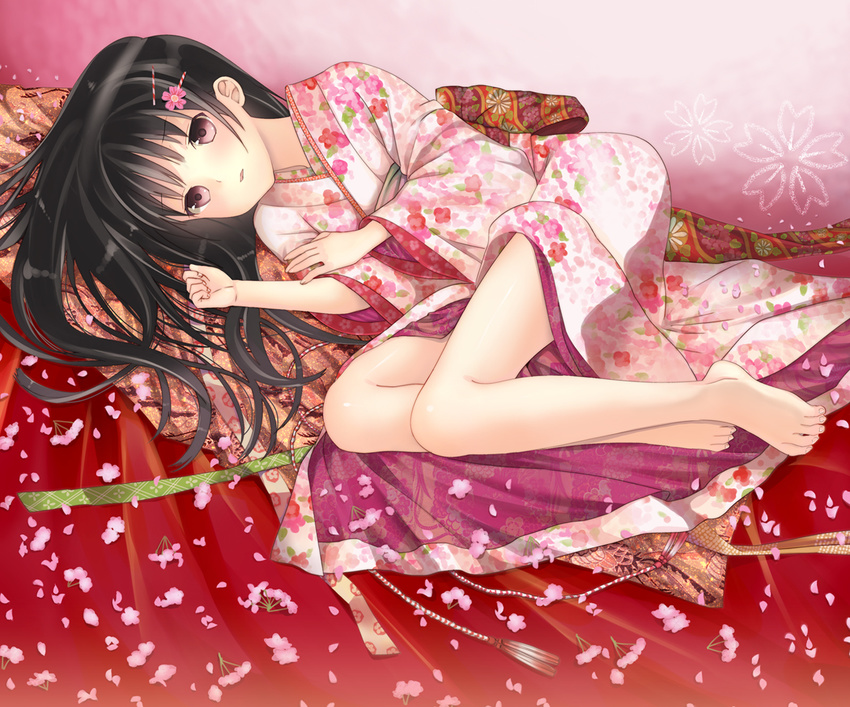 barefoot black_hair face feet hair_ornament hairclip japanese_clothes kimono long_hair lying on_side original petals red_eyes solo yuuki_rika