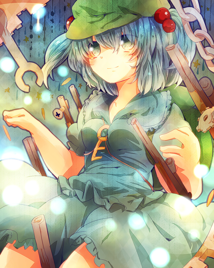 backpack bad_id bad_pixiv_id bag blue_eyes blue_hair dress hair_bobbles hair_ornament hat highres kawashiro_nitori key short_hair smile solo sugino_(patrassyar) touhou two_side_up wrench