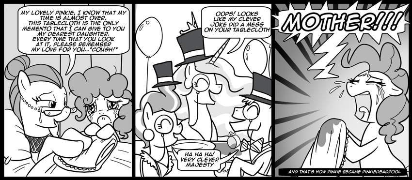 black_and_white comic equine eyewear female feral friendship_is_magic group hasbro hat horse madmax male mammal monochrome monocle mr_cake_(mlp) mrs_cake_(mlp) my_little_pony pinkie_pie_(mlp) pony princess_celestia_(mlp) sue_pie_(mlp) tablecloth top_hat trollestia